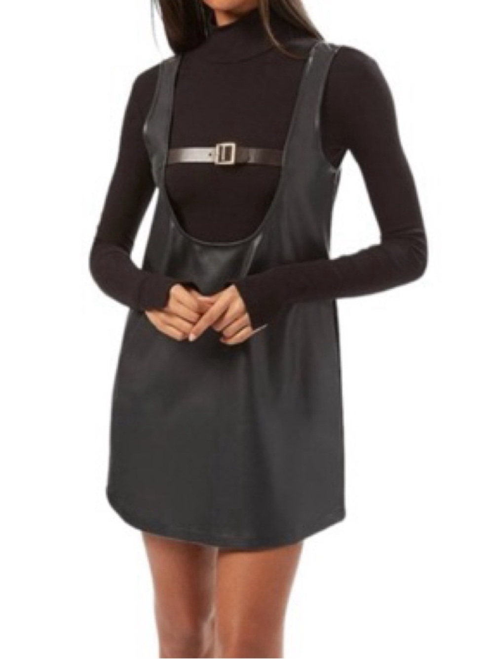 WeWoreWhat Black Faux Leather Mini Pinafore with Buckle